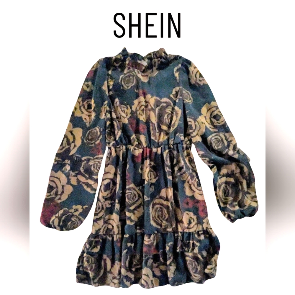 SHEIN size S, EUC green floral print dress with ruffle hemline